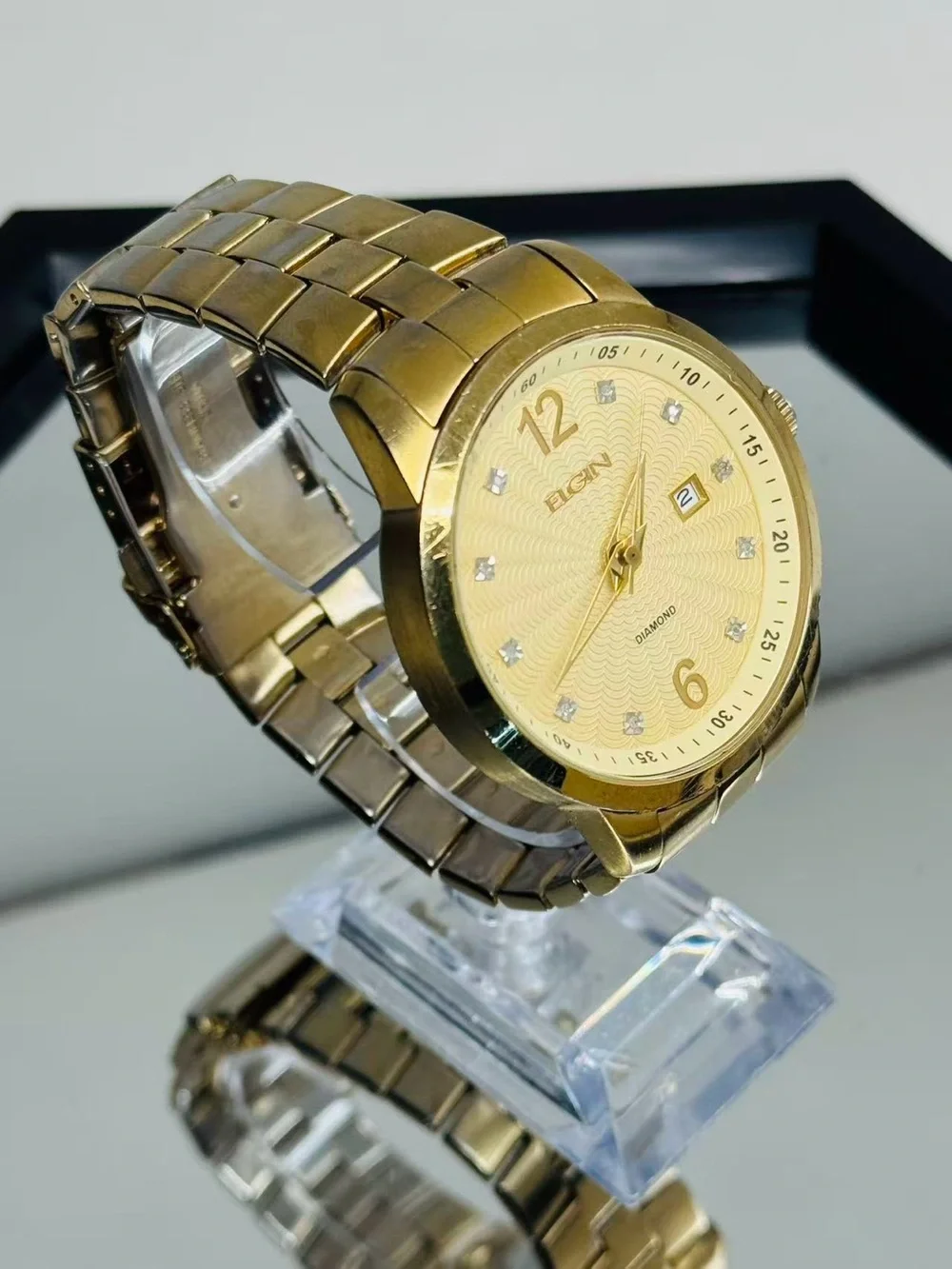 Vintage Elgin Men Gold Tone Quartz Watch Diamond Dial Date 46mm New Battery Runs